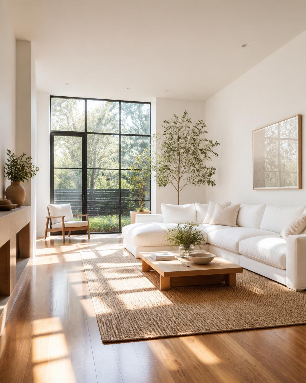A bright, freshly cleaned modern living room with morning sunlight